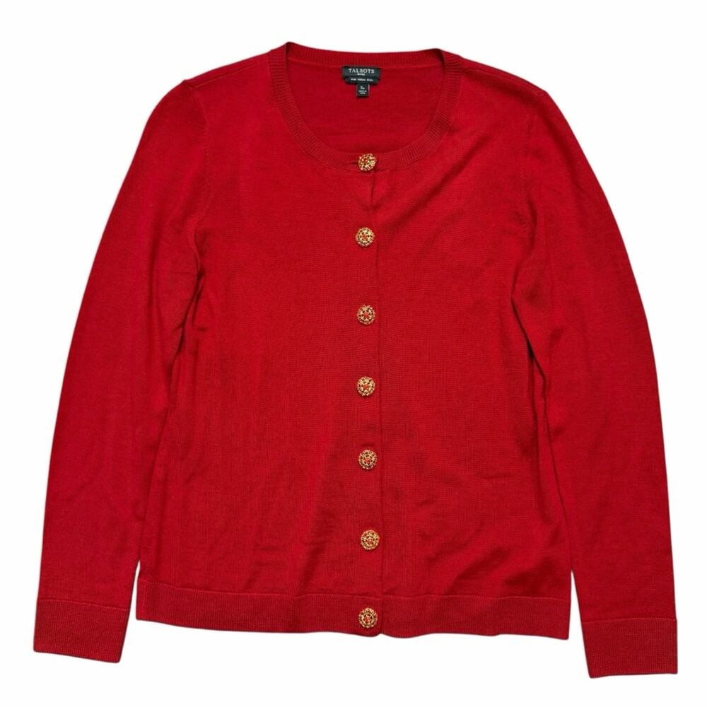 Talbots Red Merino Wool Cardigan with Decorative Buttons Small Petite